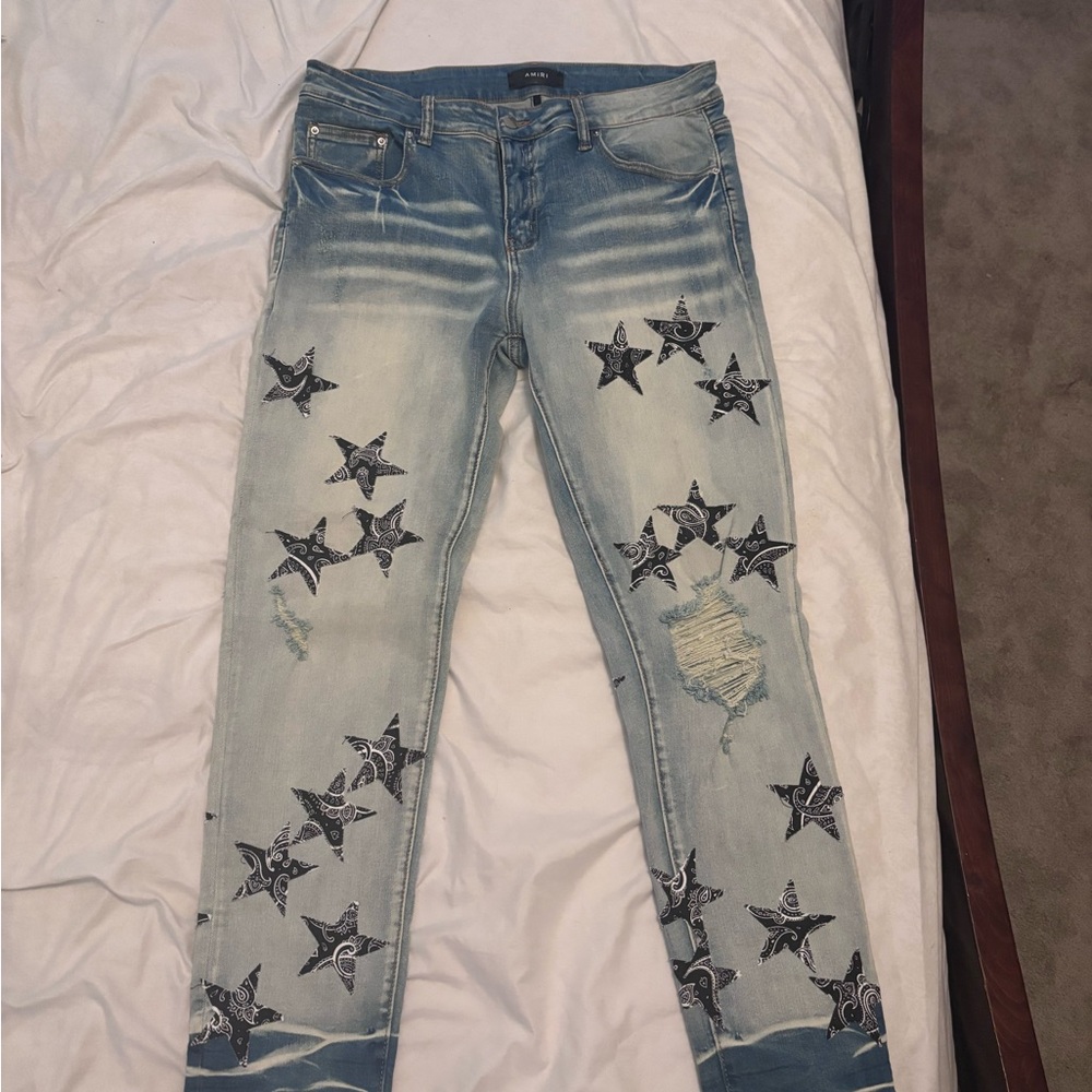 AMIRI Blue Skinny Jeans with Star Pattern